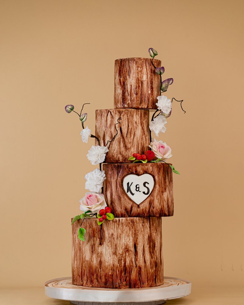 Carved wood wedding cake